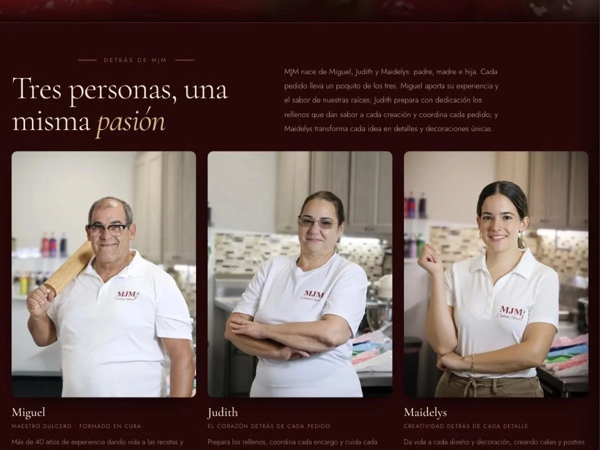 MJM Cuban Sweets — bilingual bakery website, family team section